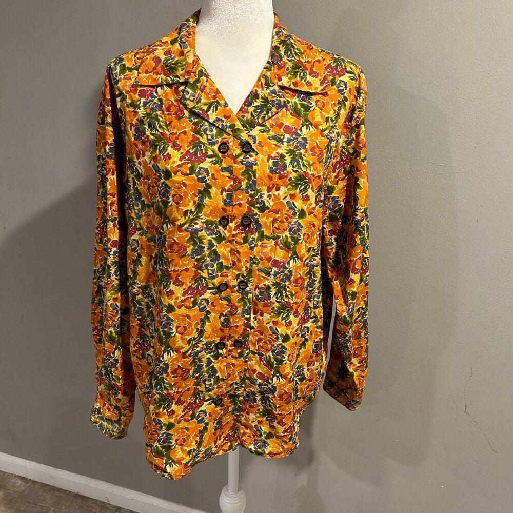 Vintage Jaxsport Button Up Shirt Blouse Floral Orange Womens Large